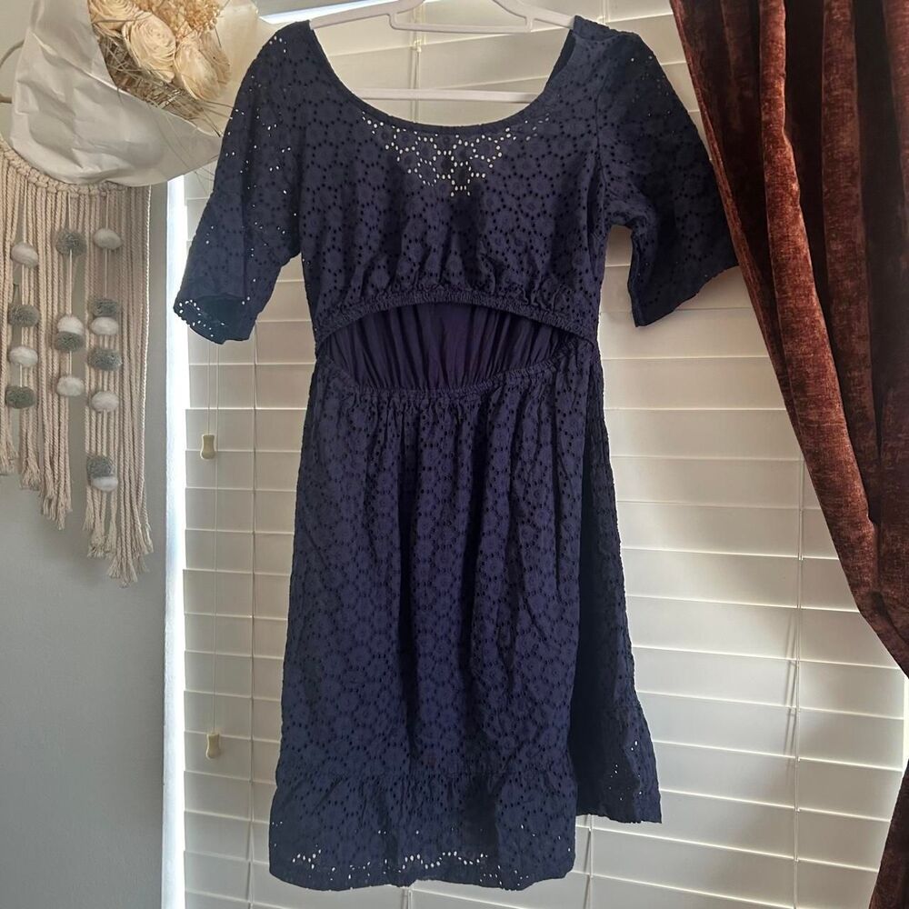 Kindred Bravely Navy Eyelet Cutout Nursing Maternity Midi Dress Size Small